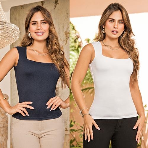 Top Blanco Básico Para Mujer Con Escote Cuadrado Elegante