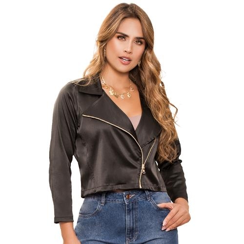 Chaqueta Negra Satinada Para Mujer Con Cierre Asimétrico Urbana Y Elegante