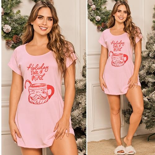 Camiseta Pijama Navideña Rosa Para Mujer Holiday State Of Mind