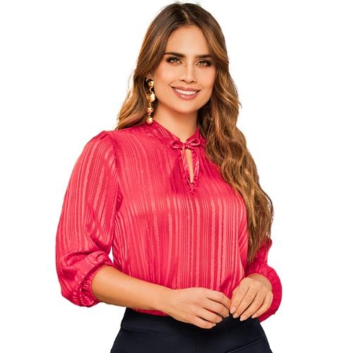 Blusa Fucsia Para Mujer Con Manga 3/4 Y Lazo En El Cuello