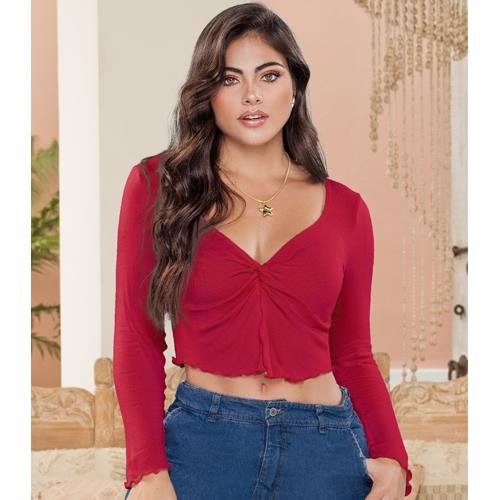 Blusa Cropped Roja Manga Larga Detalle Fruncido
