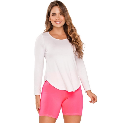 Conjunto Deportivo Casual Para Mujer Con Blusa Blanca Y Biker Rosa Neón