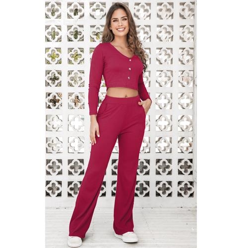 Conjunto Paula PoliRibb Vino Top Cropped y Pantalón