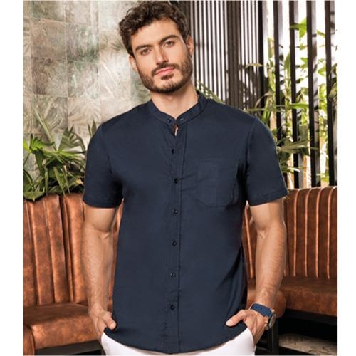 Camisa Casual Azul Oscuro Para Hombre Con Cuello Mao