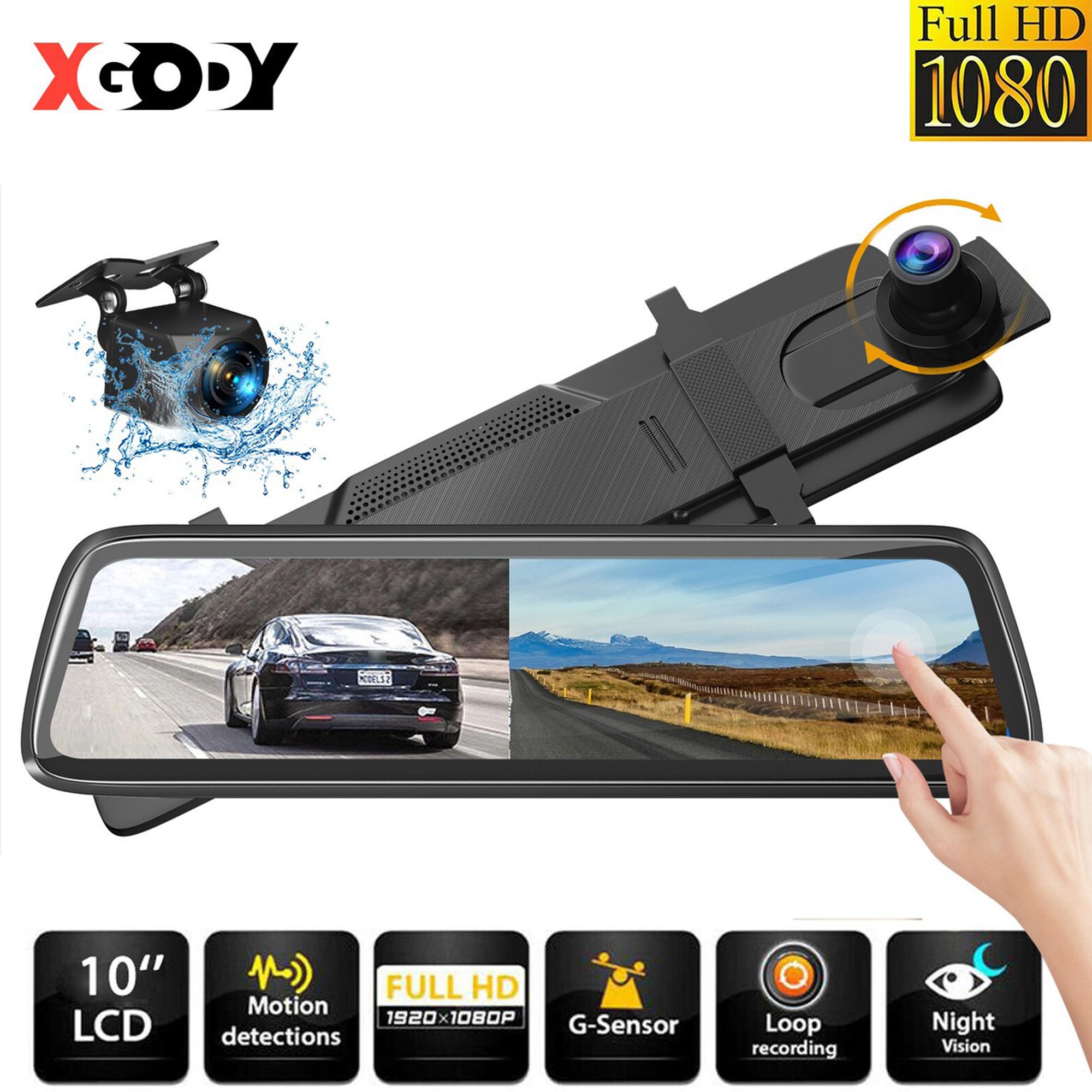 Cámara Dash de Doble Lente 10" XGODY DVR y Grabadora FHD 1080P con Vista Trasera