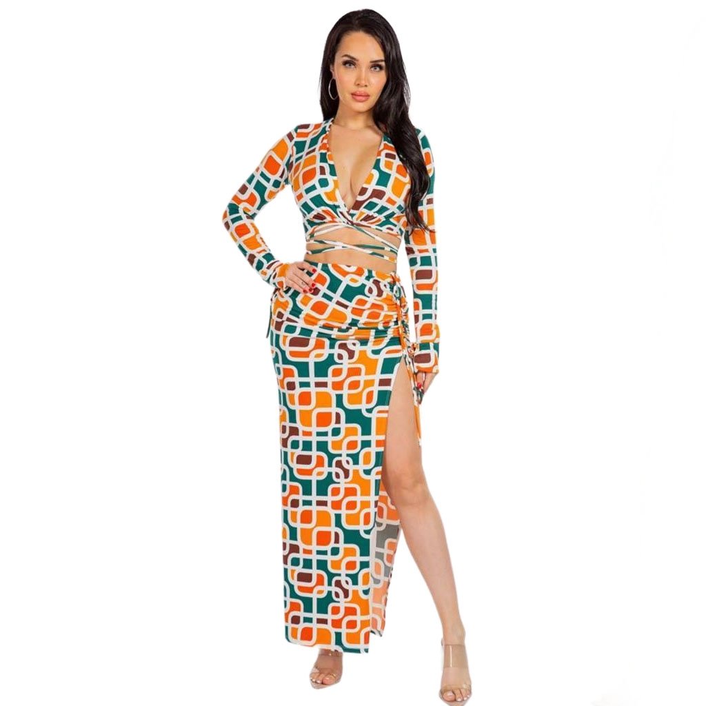 Set Top Y Falda Geométrico Naranja