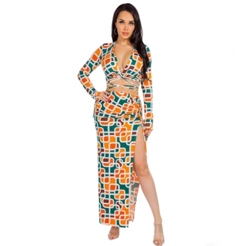 Set Top Y Falda Geométrico Naranja