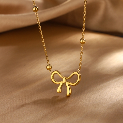 Collar Cadena Fina con Dije Lazo Moño Dorado – Acero Inoxidable 304 | Diseño Femenino Coquette